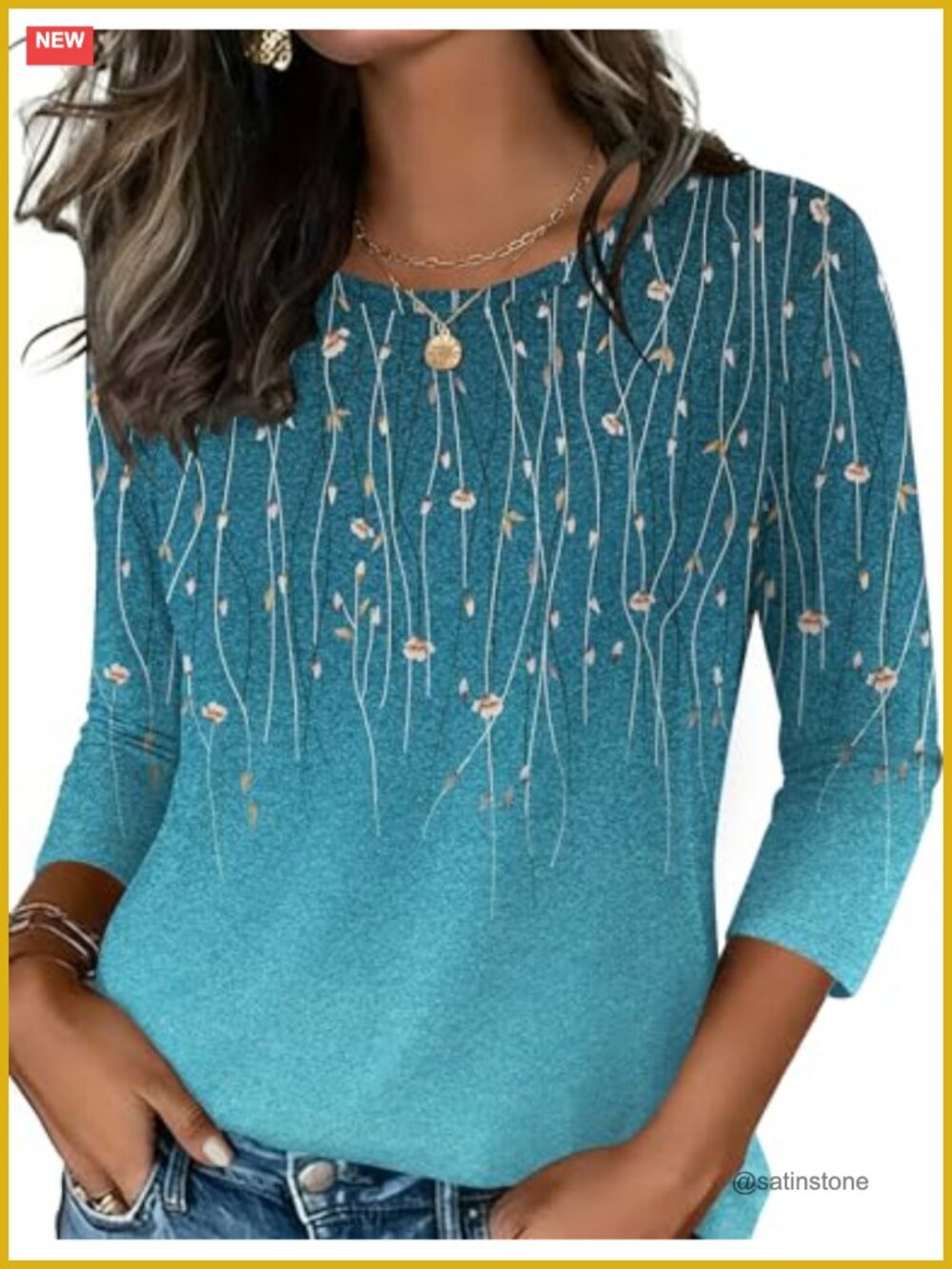Womens 3/4 Sleeve Tunic Tops Crew Neck Stretchable Casual Blouse